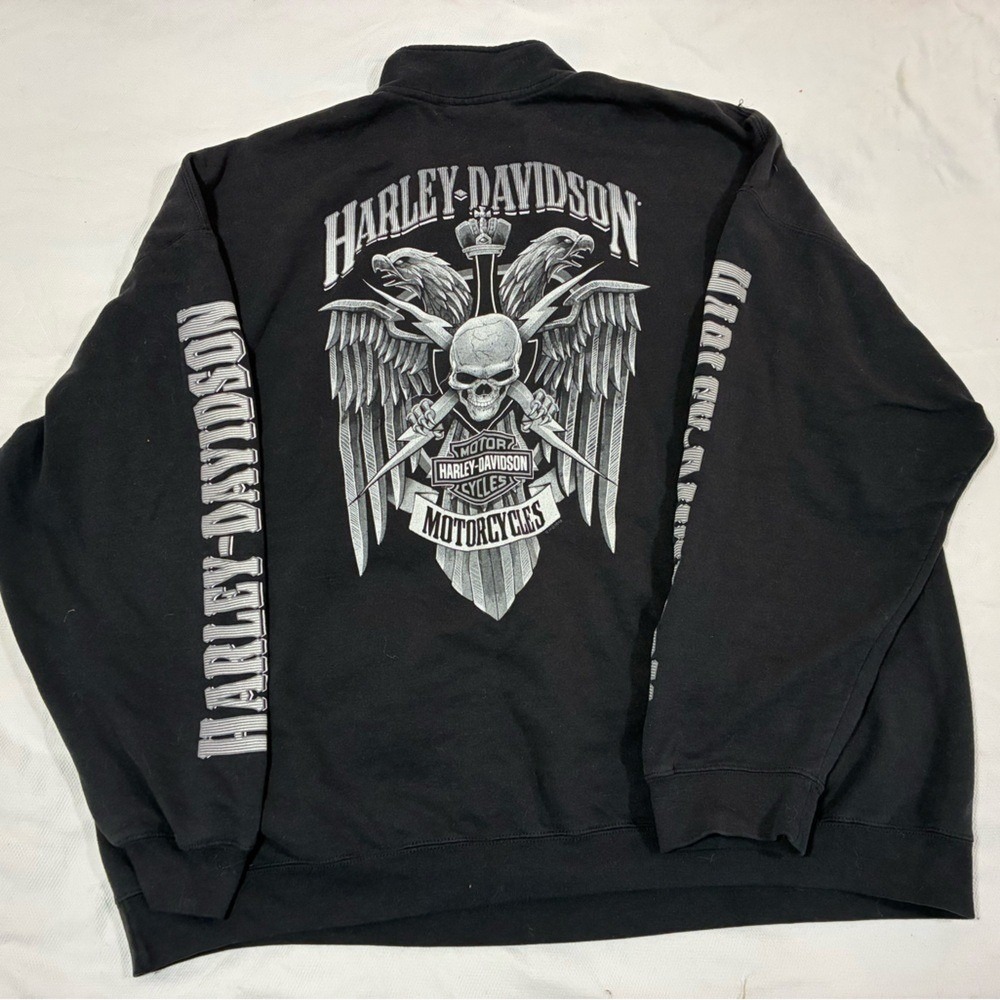 Vintage Harley Black Quarter Zip Pullover Winged Skull Sleeve Print